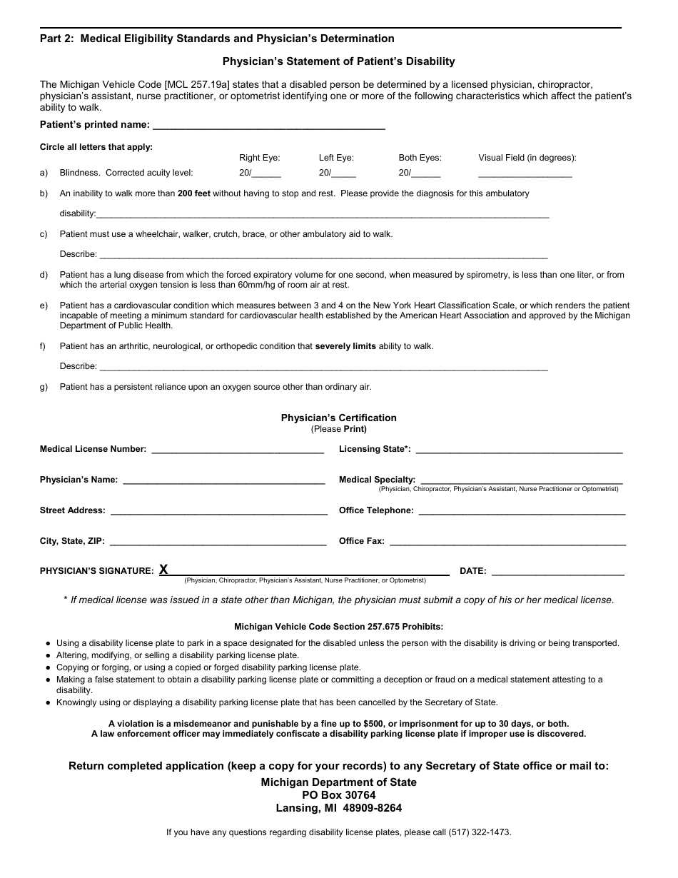 Form MV-110 Application for a Disability License Plate - Michigan, Page 2