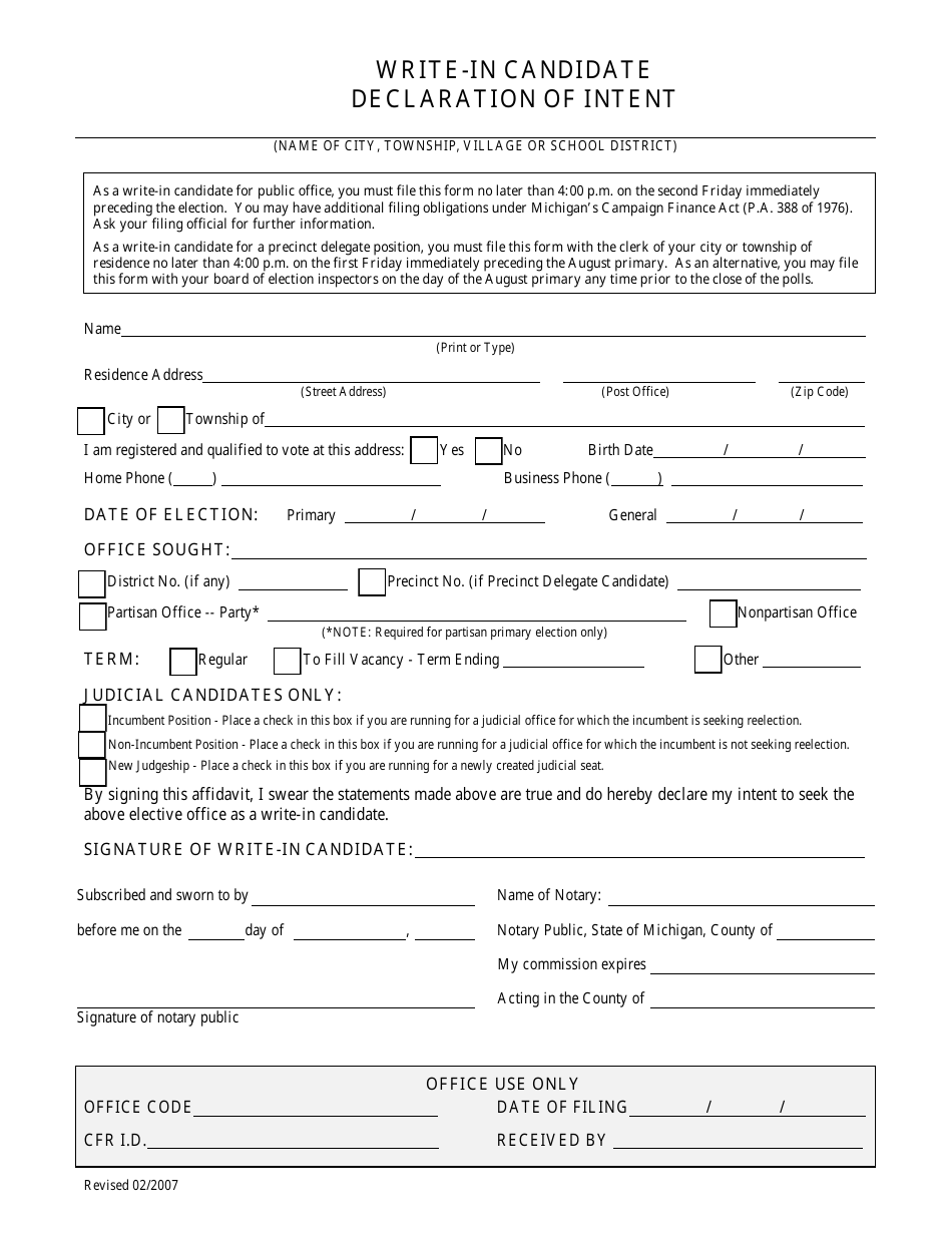 Michigan Write-In Candidate Declaration of Intent - Fill Out, Sign ...