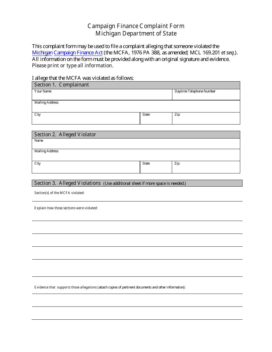 Campaign Finance Complaint Form - Michigan, Page 1