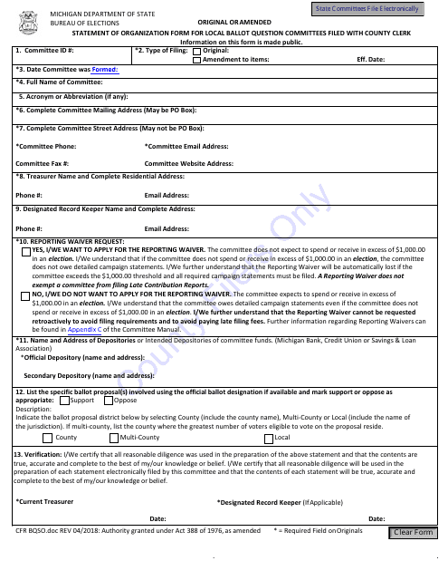 Original Oramended Statement of Organization Form for Local Ballot Question Committees Filed With County Clerk - Michigan