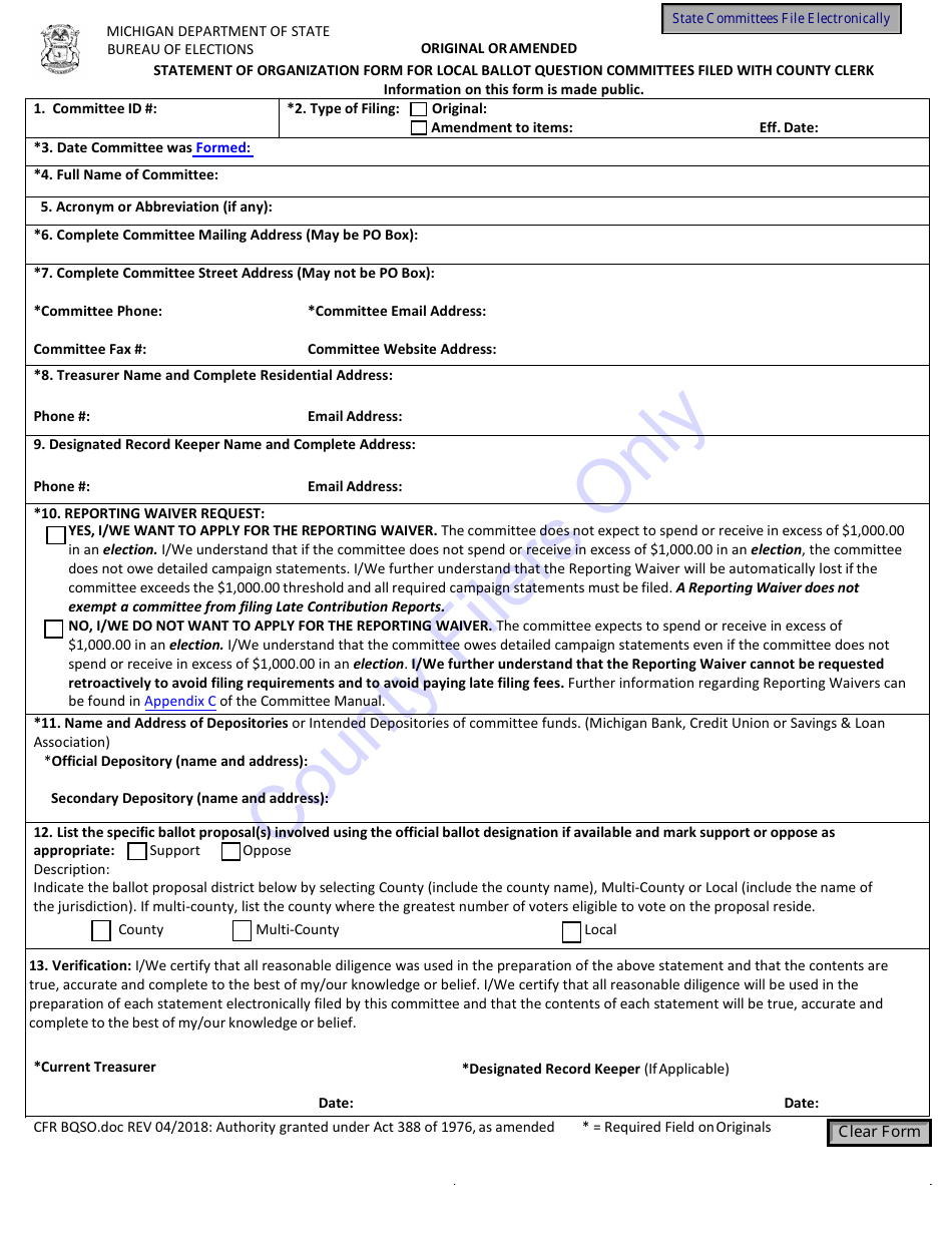 Original Oramended Statement of Organization Form for Local Ballot Question Committees Filed With County Clerk - Michigan, Page 1