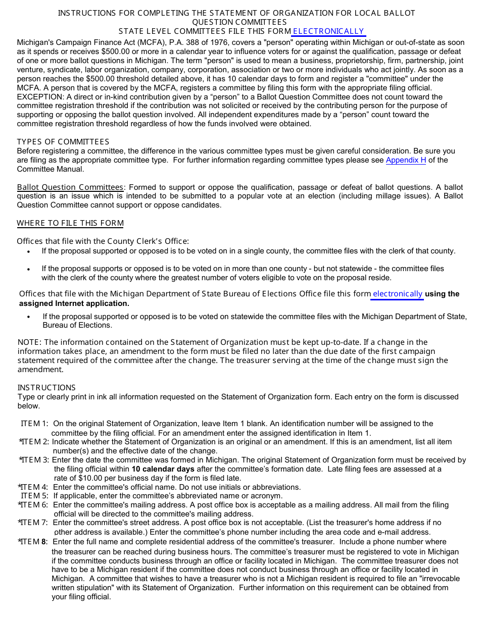 Original Oramended Statement of Organization Form for Local Ballot Question Committees Filed With County Clerk - Michigan, Page 2