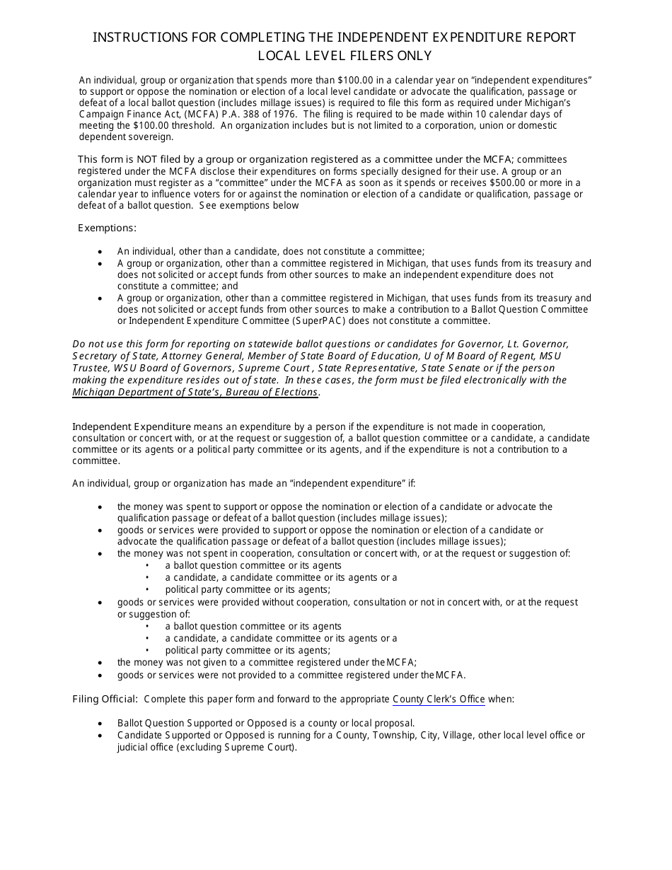 Independent Expenditure Report for Filing With the Local County Clerk - Individuals, Groups and Organizations - Michigan, Page 2