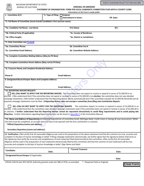 Form CFR101 Original or Amended Statement of Organization Form for Local Candidate Committees Filed With a County Clerk - Michigan
