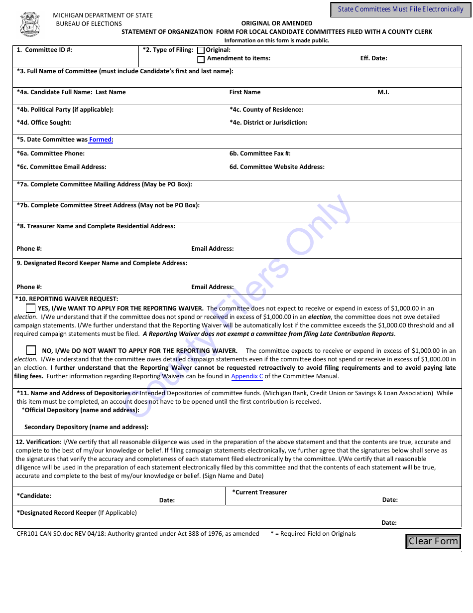 Form CFR101 - Fill Out, Sign Online and Download Fillable PDF, Michigan ...