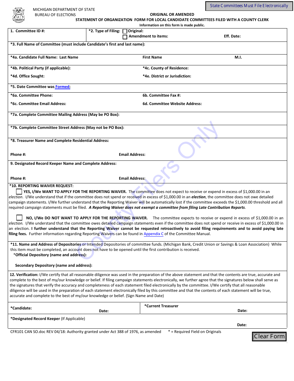 Form CFR101 Original or Amended Statement of Organization Form for Local Candidate Committees Filed With a County Clerk - Michigan, Page 1