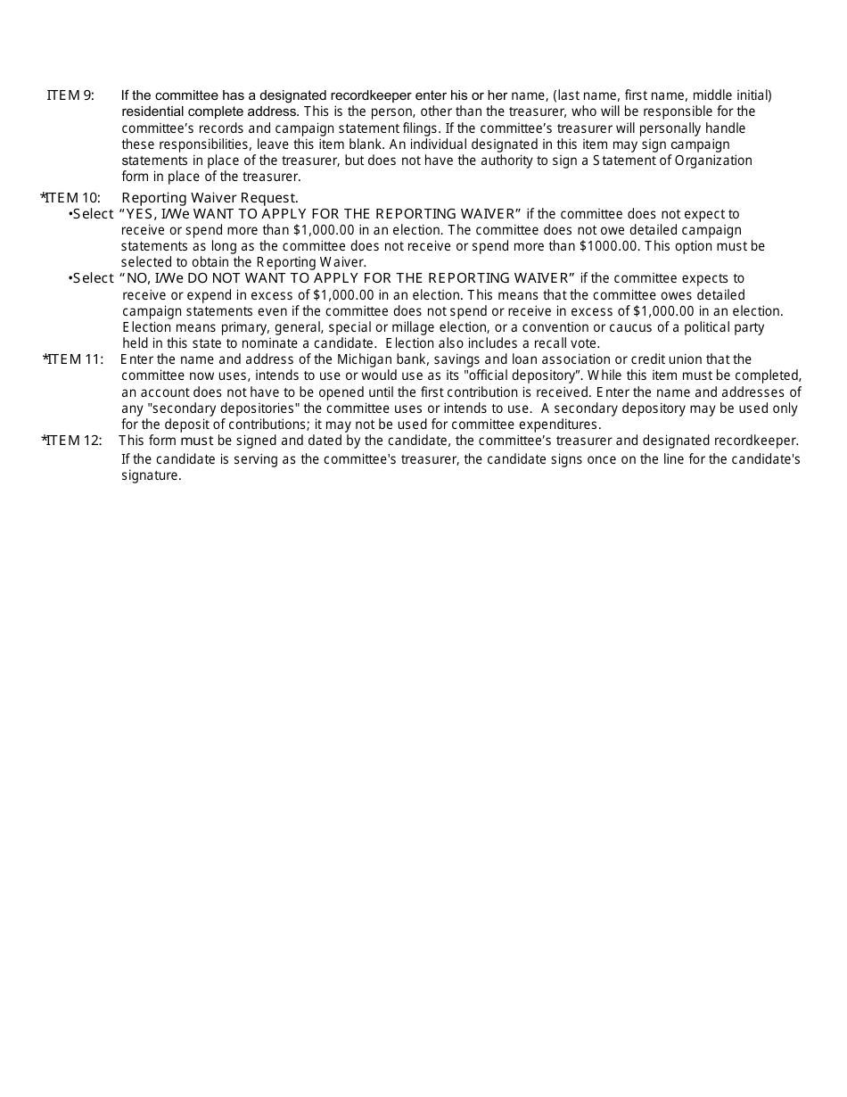 Form CFR101 Original or Amended Statement of Organization Form for Local Candidate Committees Filed With a County Clerk - Michigan, Page 3