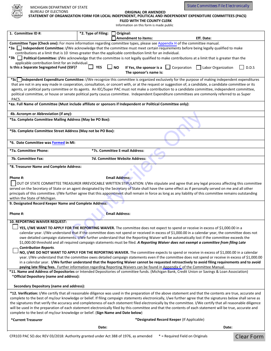 Form CFR103 Original or Amended Statement of Organization Form for Local Independent, Political and Independent Expenditure Committees (Pacs) Filed With the County Clerk - Michigan, Page 1