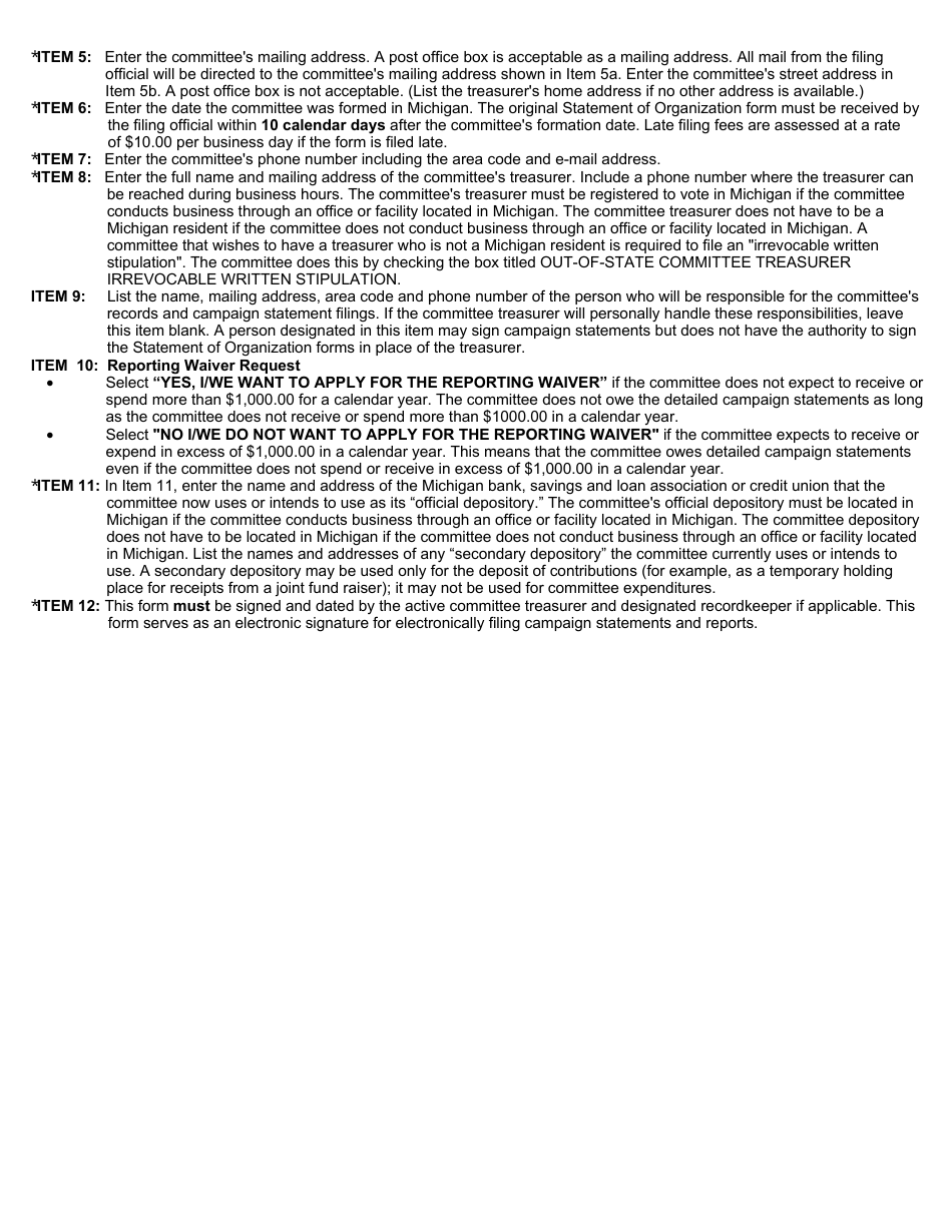 Form CFR103 Original or Amended Statement of Organization Form for Local Independent, Political and Independent Expenditure Committees (Pacs) Filed With the County Clerk - Michigan, Page 3