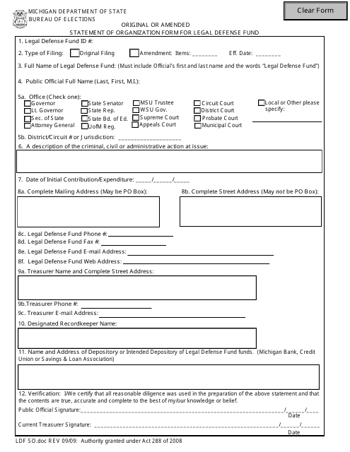 Original or Amended Statement of Organization Form for Legal Defense Fund - Michigan Download Pdf