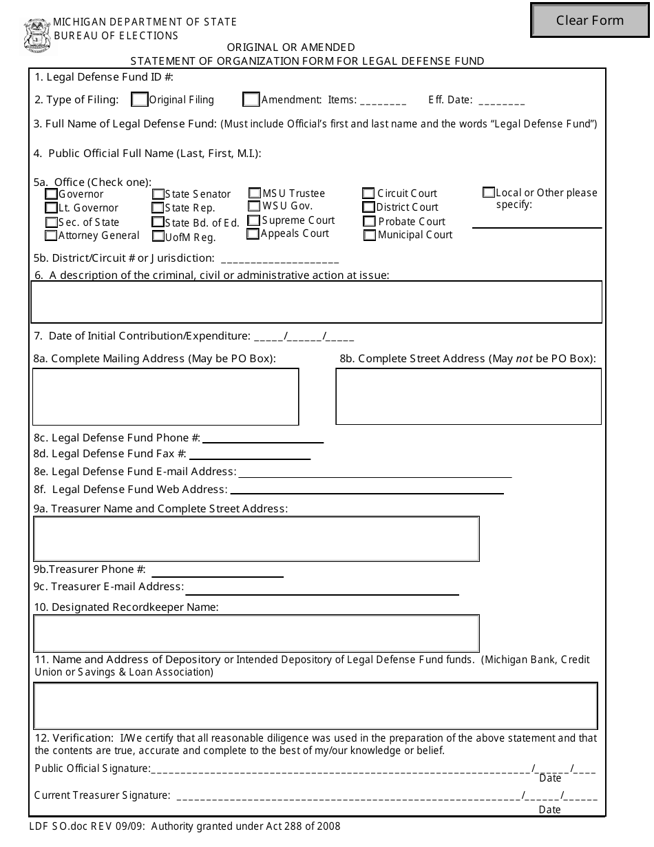 Original or Amended Statement of Organization Form for Legal Defense Fund - Michigan, Page 1