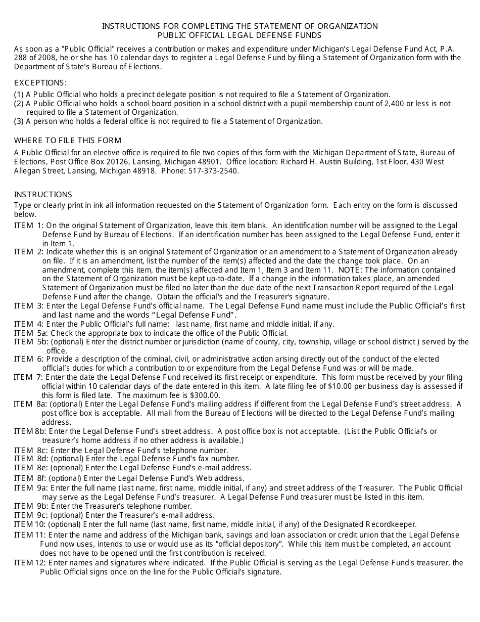 Original or Amended Statement of Organization Form for Legal Defense Fund - Michigan, Page 2