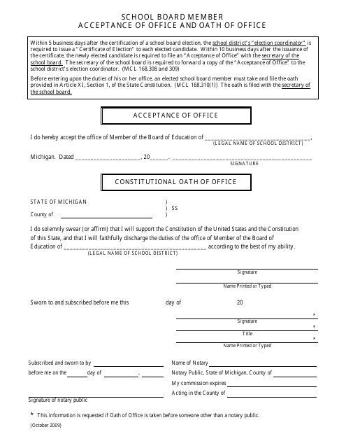 School Board Member Acceptance of Office and Oath of Office - Michigan Download Pdf