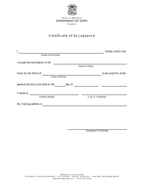 Michigan Certificate of Acceptance Fill Out Sign Online and Download