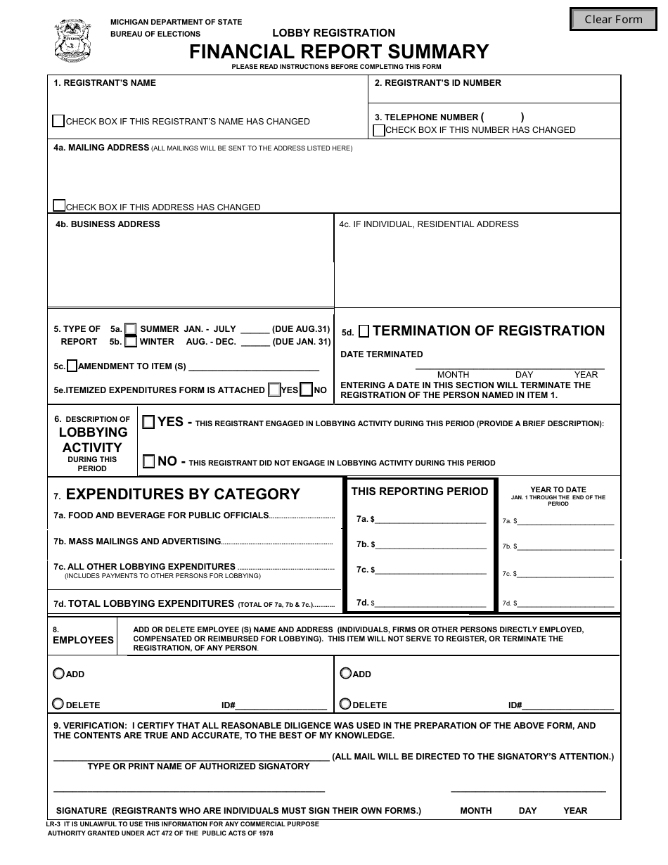 Form LR-3 Financial Report Summary - Lobby Registration - Michigan, Page 1
