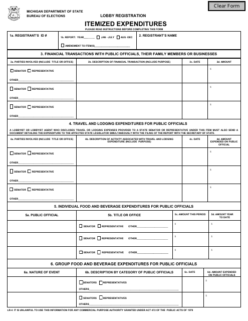 Form LR-4 Lobby Registration - Itemized Expenditures - Michigan