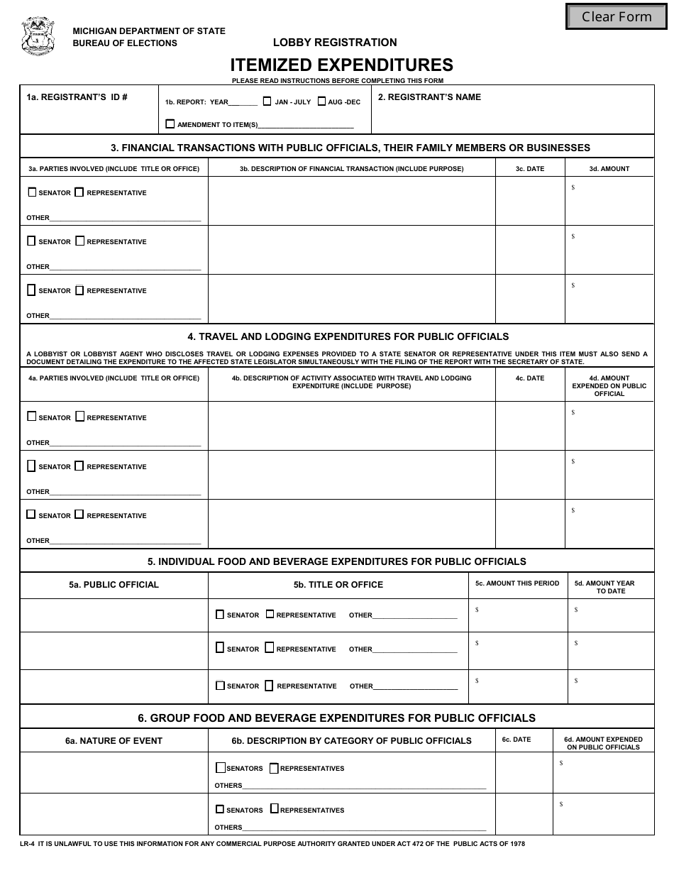 Form LR-4 Lobby Registration - Itemized Expenditures - Michigan, Page 1