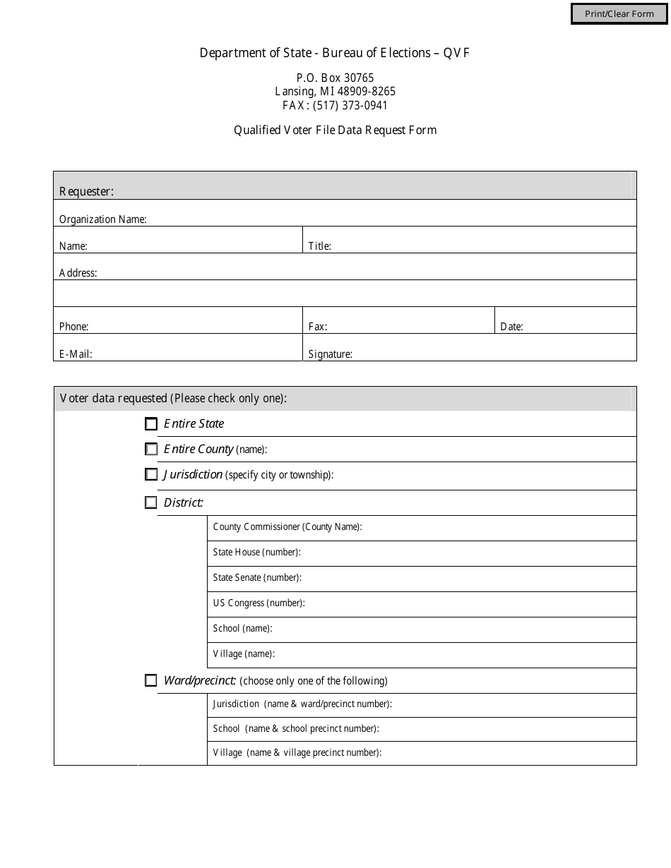 Qualified Voter File Data Request Form - Michigan, Page 1