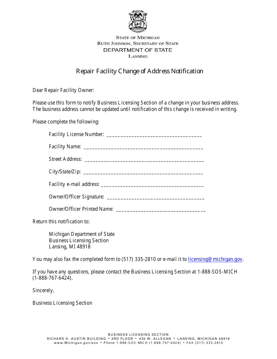 Repair Facility Change of Address Notification Form - Michigan, Page 1