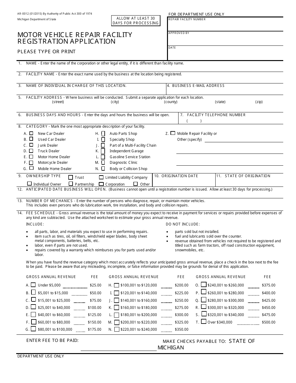 Form AR-0012 Motor Vehicle Repair Facility Registration Application - Michigan, Page 3