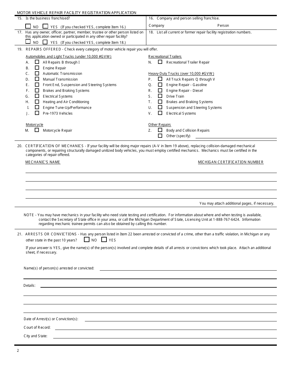 Form AR-0012 Motor Vehicle Repair Facility Registration Application - Michigan, Page 4