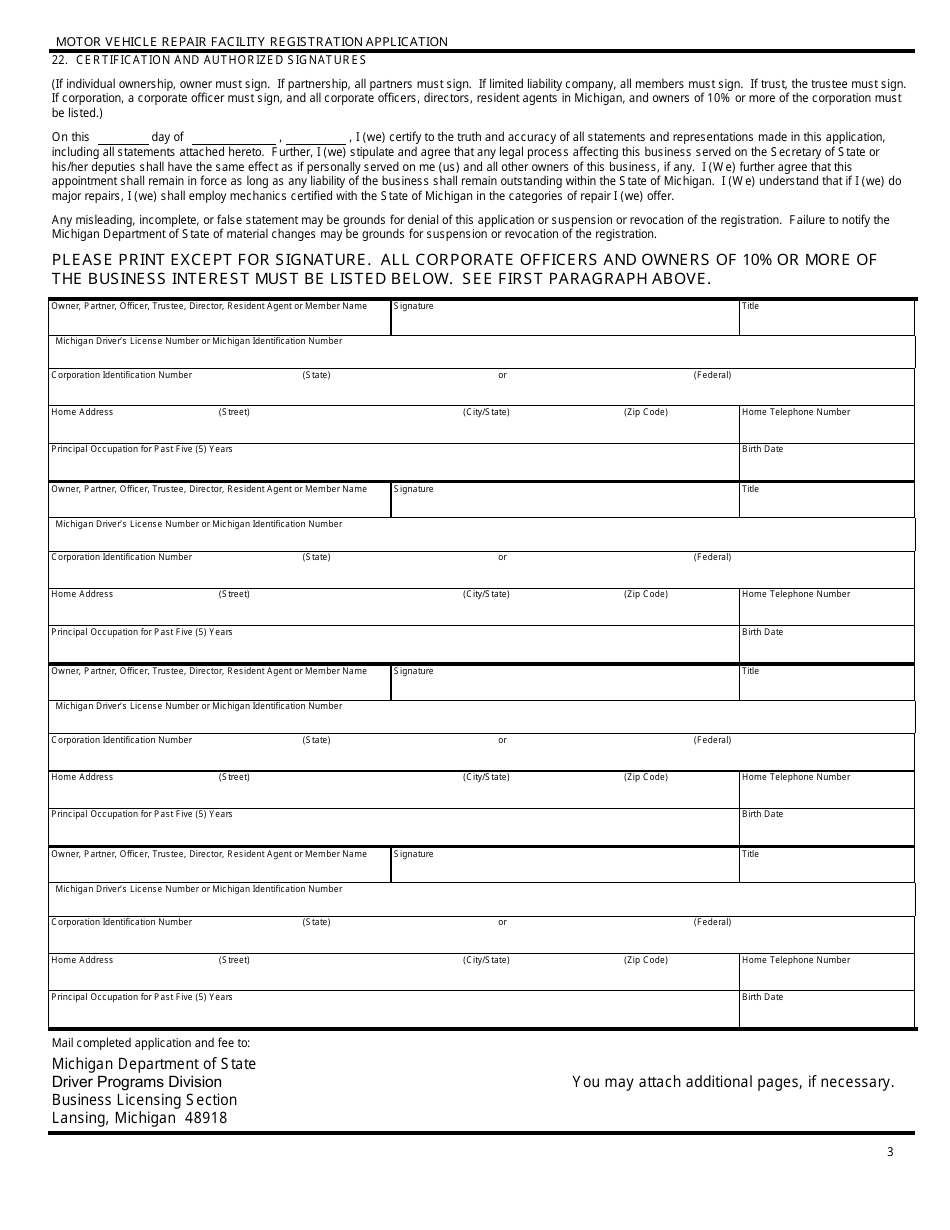 Form AR-0012 Motor Vehicle Repair Facility Registration Application - Michigan, Page 5