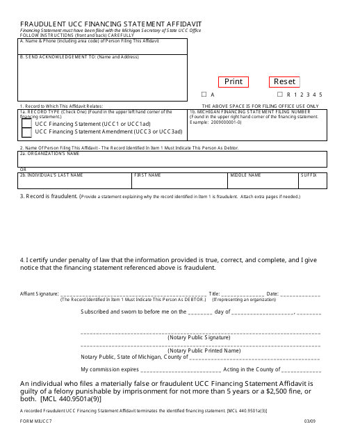 Form MIUCC7 Fraudulent Ucc Financing Statement Affidavit - Michigan
