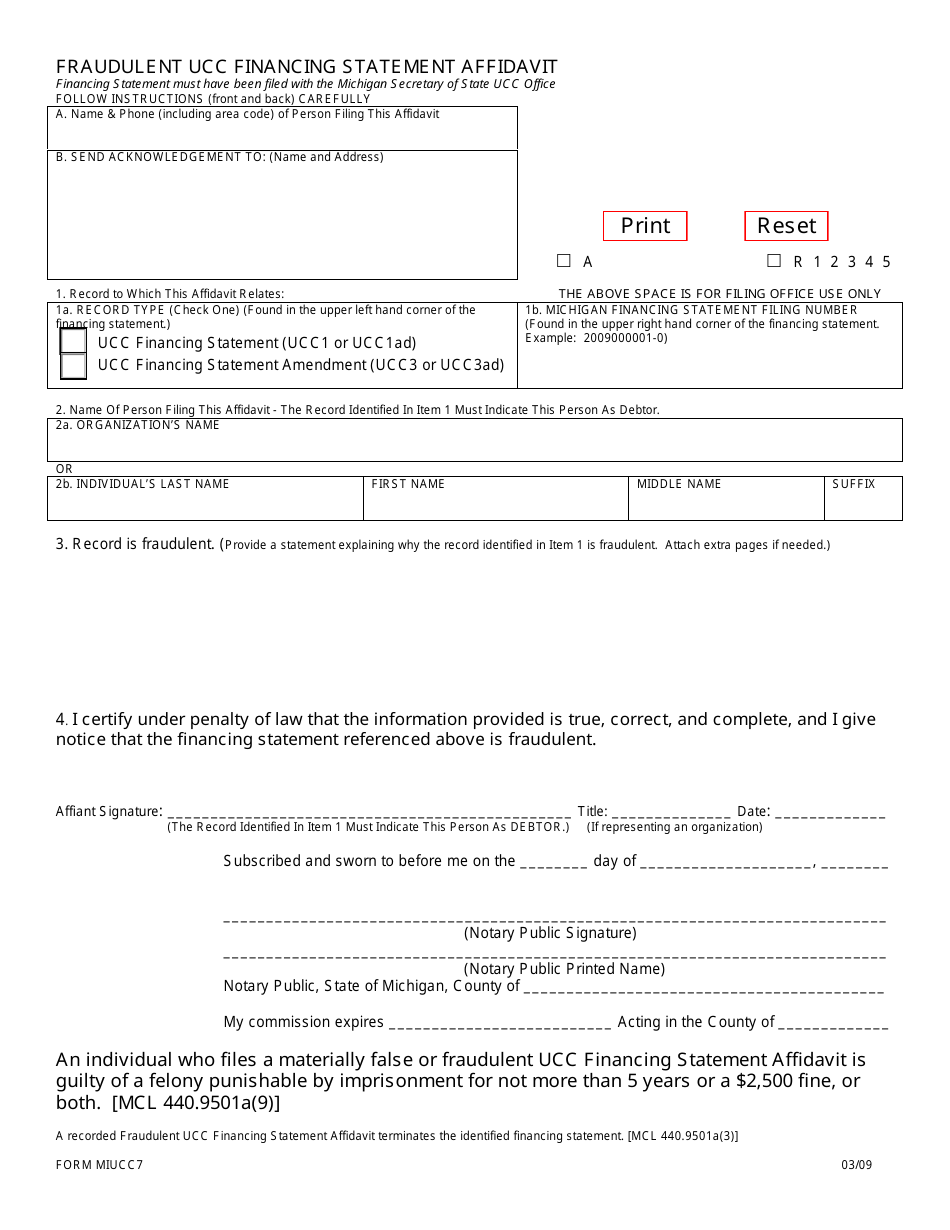 Form MIUCC7 Fraudulent Ucc Financing Statement Affidavit - Michigan, Page 1