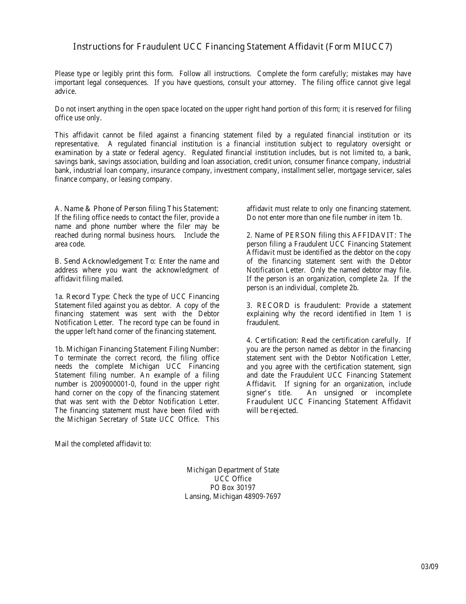 Form MIUCC7 Fraudulent Ucc Financing Statement Affidavit - Michigan, Page 2