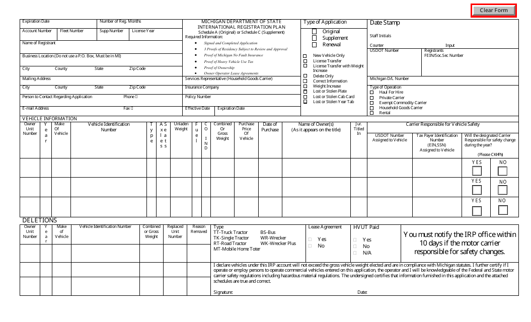 International Registration Plan Form - Michigan