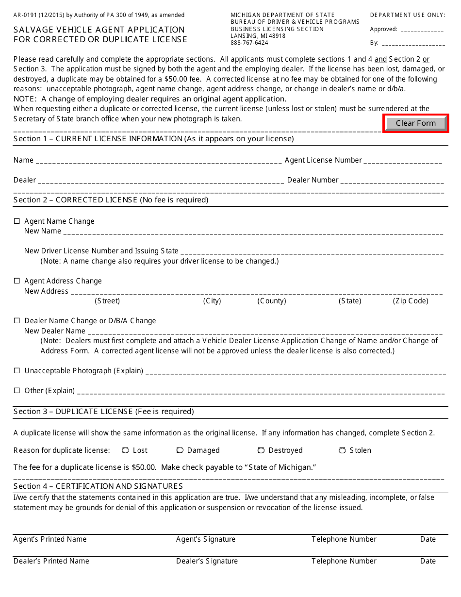 Form AR-0191 Salvage Vehicle Agent Application for Corrected or Duplicate License - Michigan, Page 1