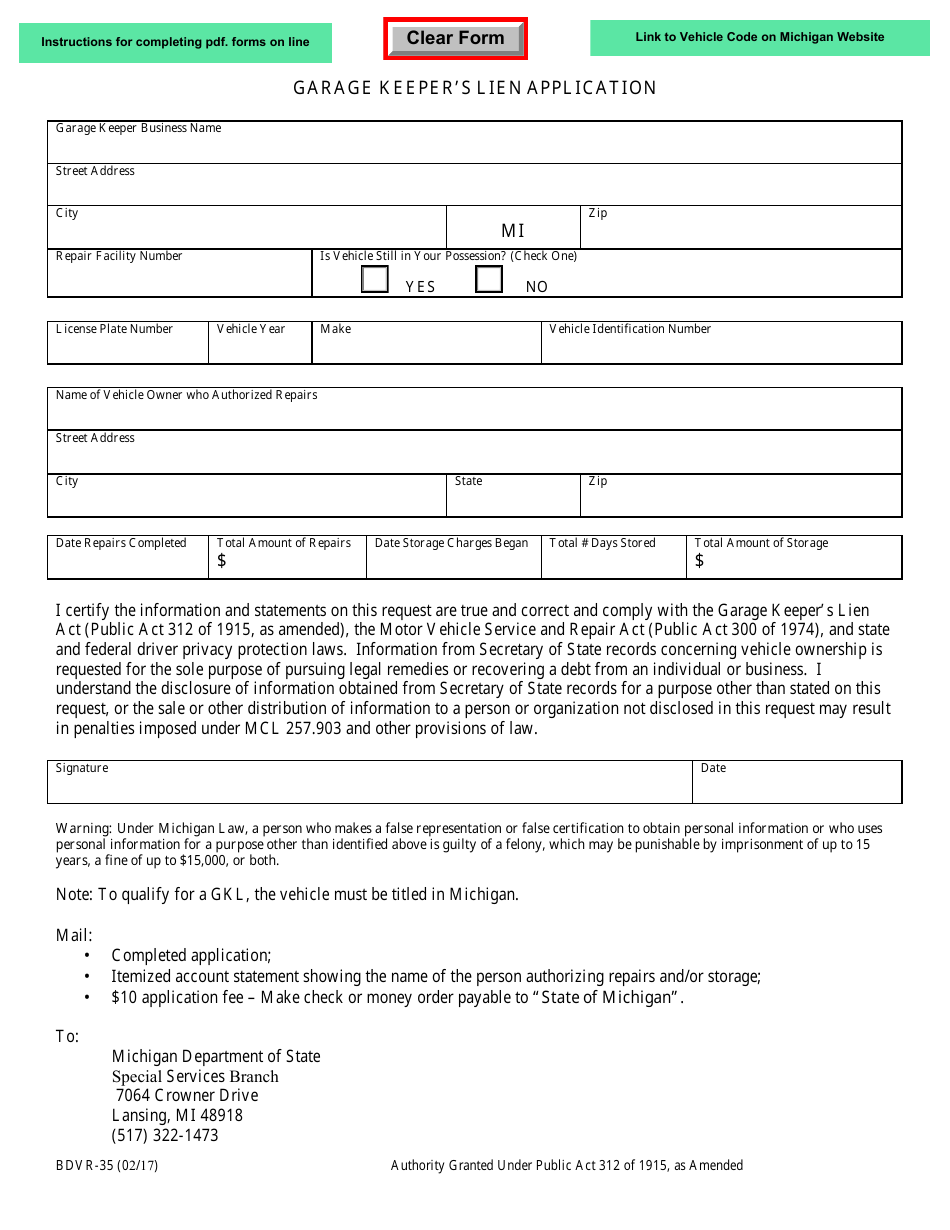 Form BDVR-35 Garage Keepers Lien Application - Michigan, Page 1