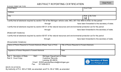 Document preview: Form BDVR-103 Abstract Reporting Certification - Michigan