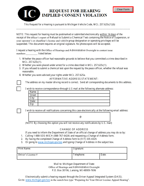 Request for Hearing - Implied Consent Violation - Michigan