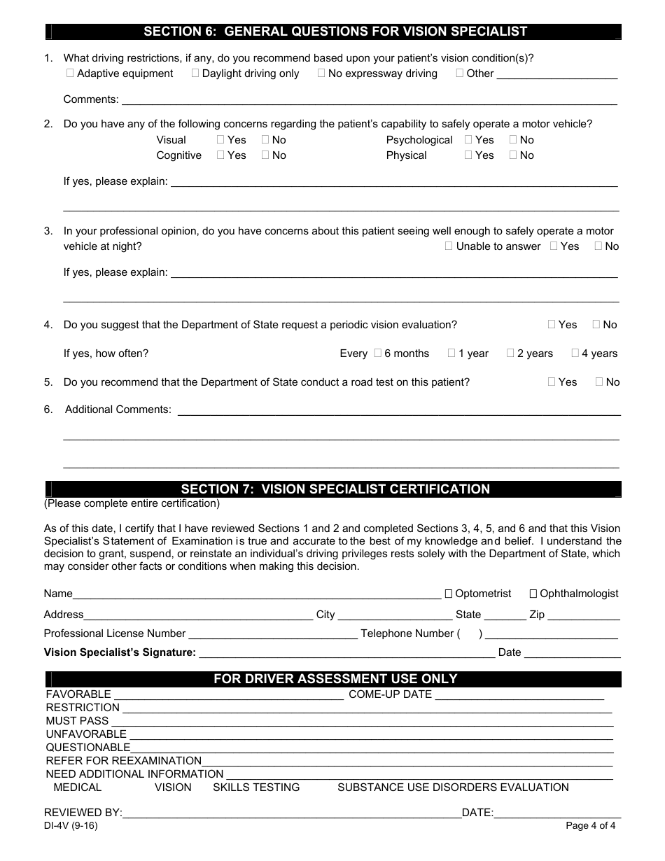Form DI-4V Vision Specialists Statement of Examination - Michigan, Page 4