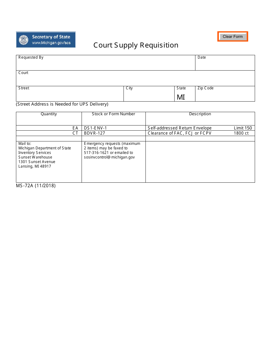 Form MS-72A Court Supply Requisition - Michigan, Page 1