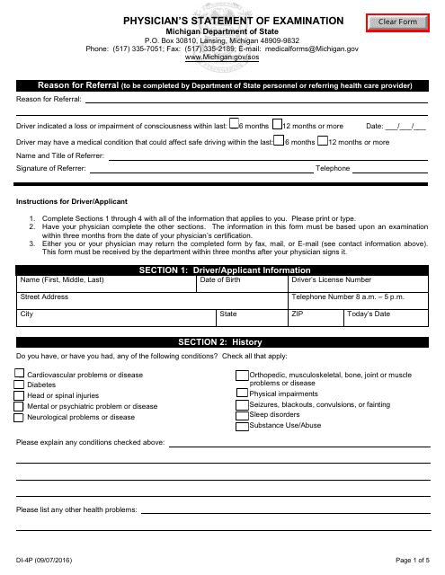Form DI-4P Physician's Statement of Examination - Michigan