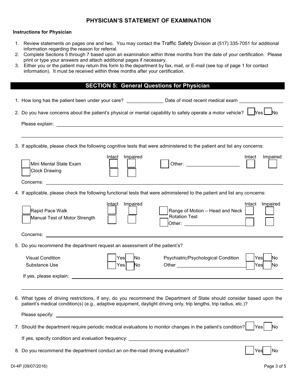 Form DI-4P Physicians Statement of Examination - Michigan, Page 3