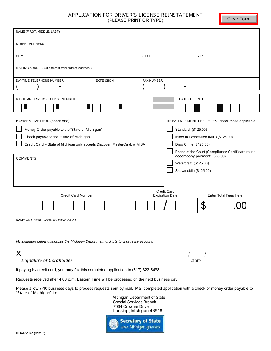 Form BDVR-162 Application for Drivers License Reinstatement - Michigan, Page 1