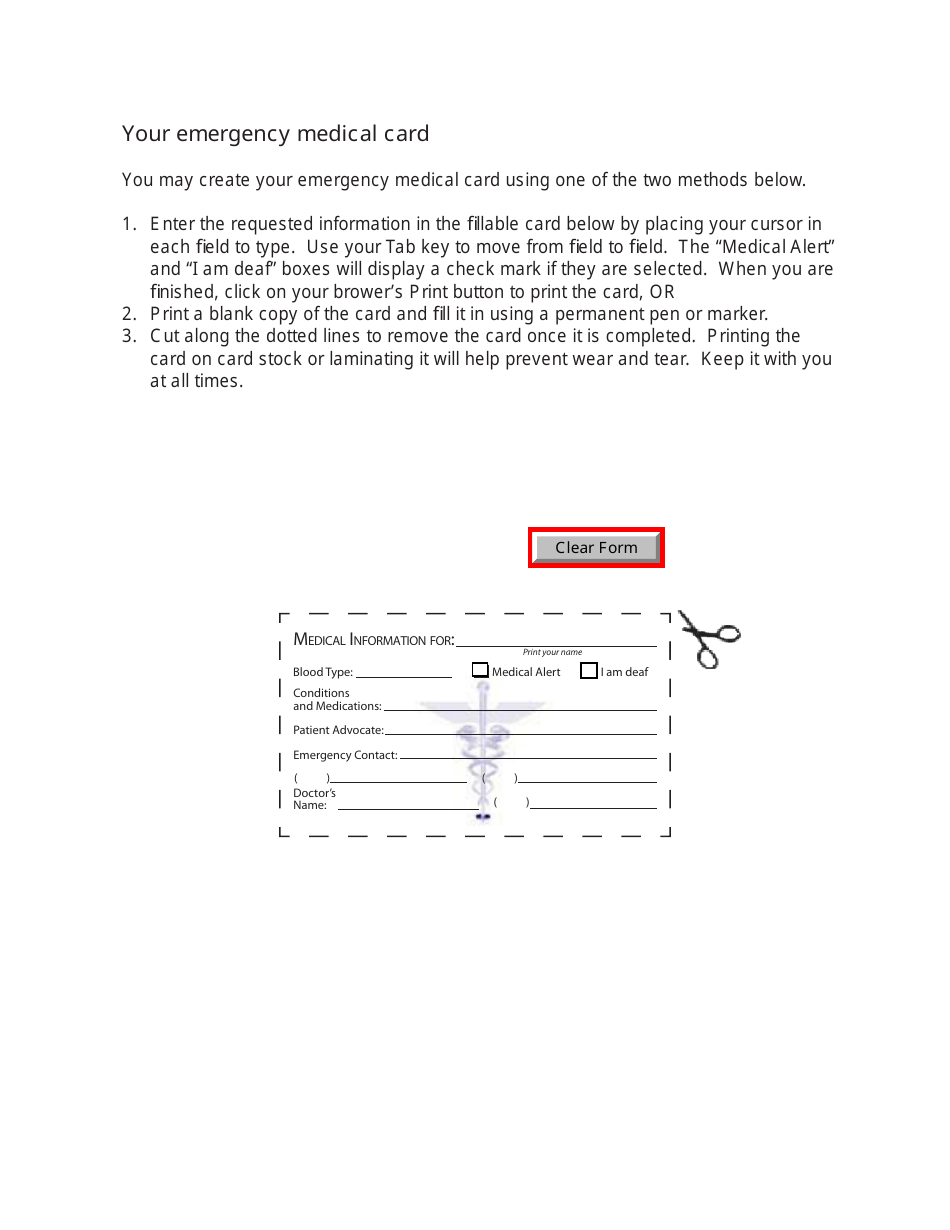 Emergency Medical Card Form - Michigan, Page 1