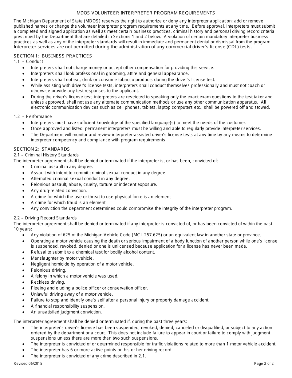 Application to Provide Volunteer Interpreter Services - Michigan, Page 2