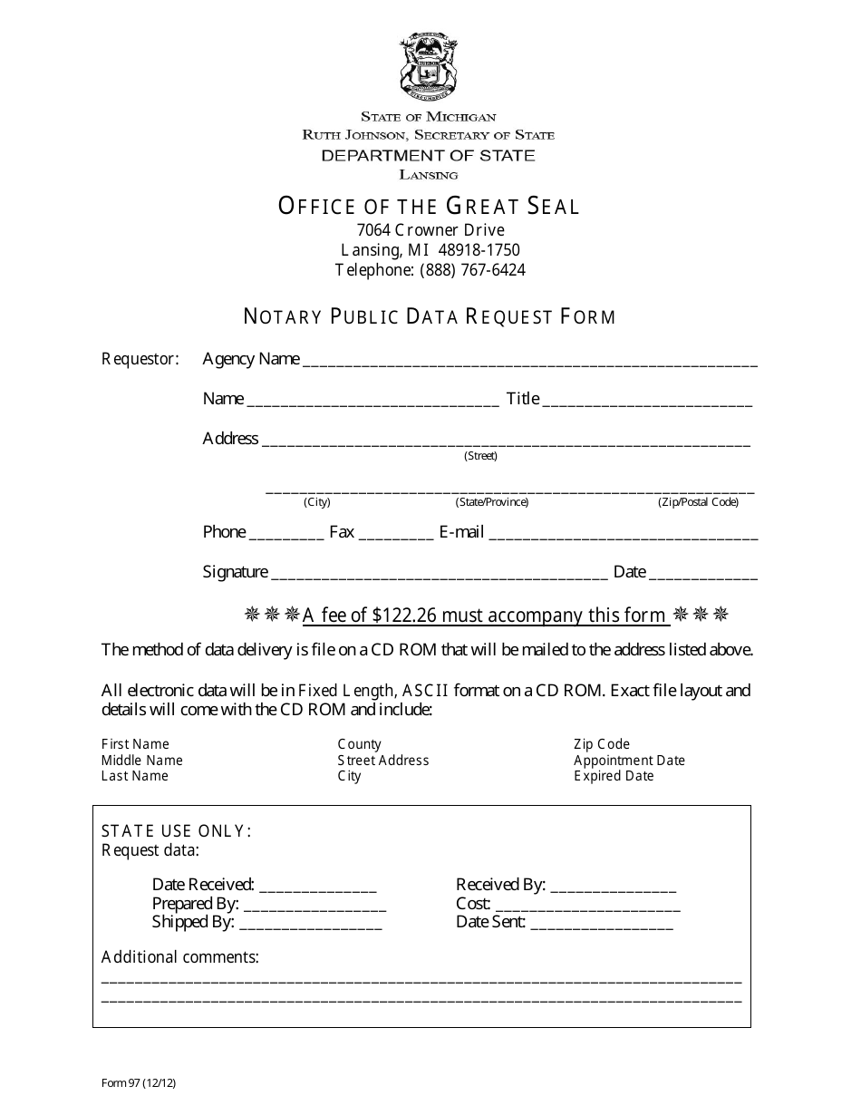Form 97 Notary Public Data Request Form - Michigan, Page 1