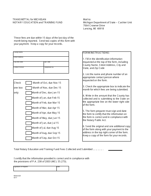 Form WEB-001 Transmittal for Michigan Notary Education and Training Fund - Michigan