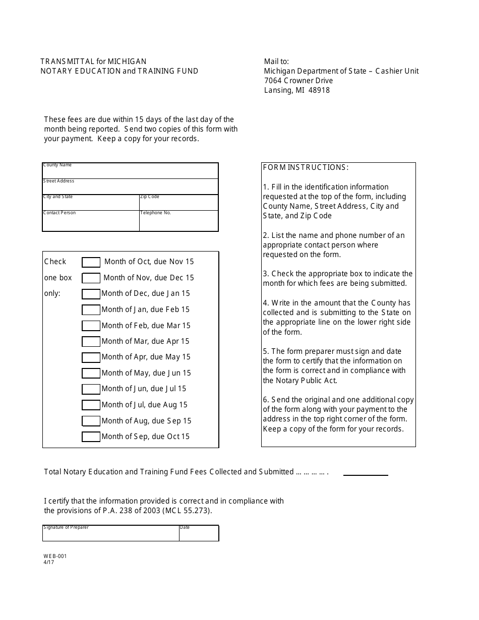 Form WEB-001 Transmittal for Michigan Notary Education and Training Fund - Michigan, Page 1