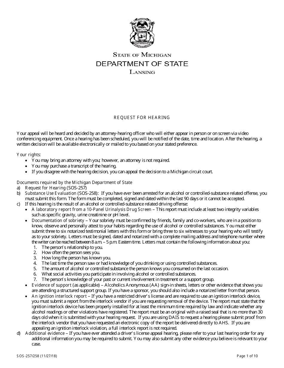 Form SOS-257 / 258 Request for an Administrative Review - Michigan, Page 1