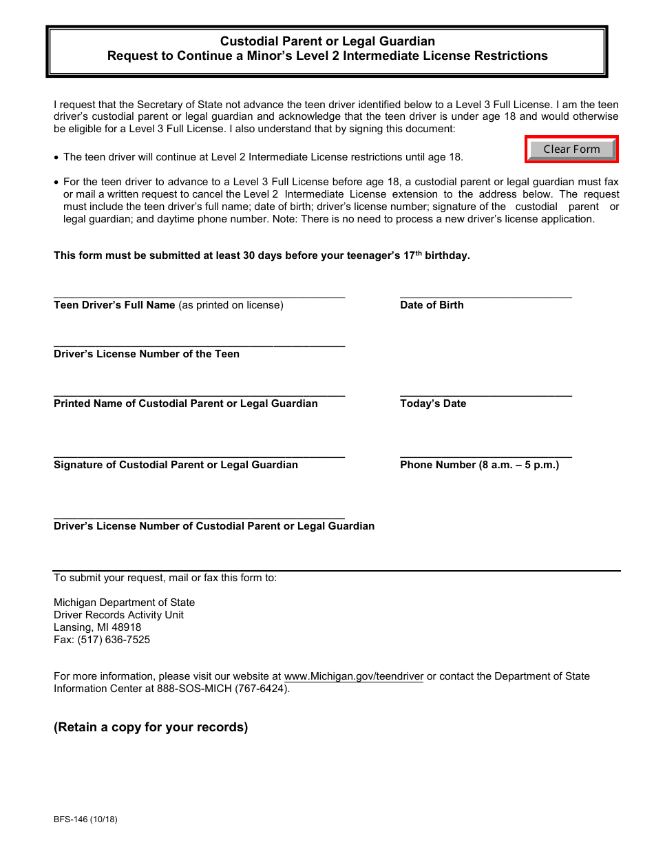 Form BFS-146 Request to Continue a Minors Level 2 Intermediate License Restrictions - Custodial Parent or Legal Guardian - Michigan, Page 1