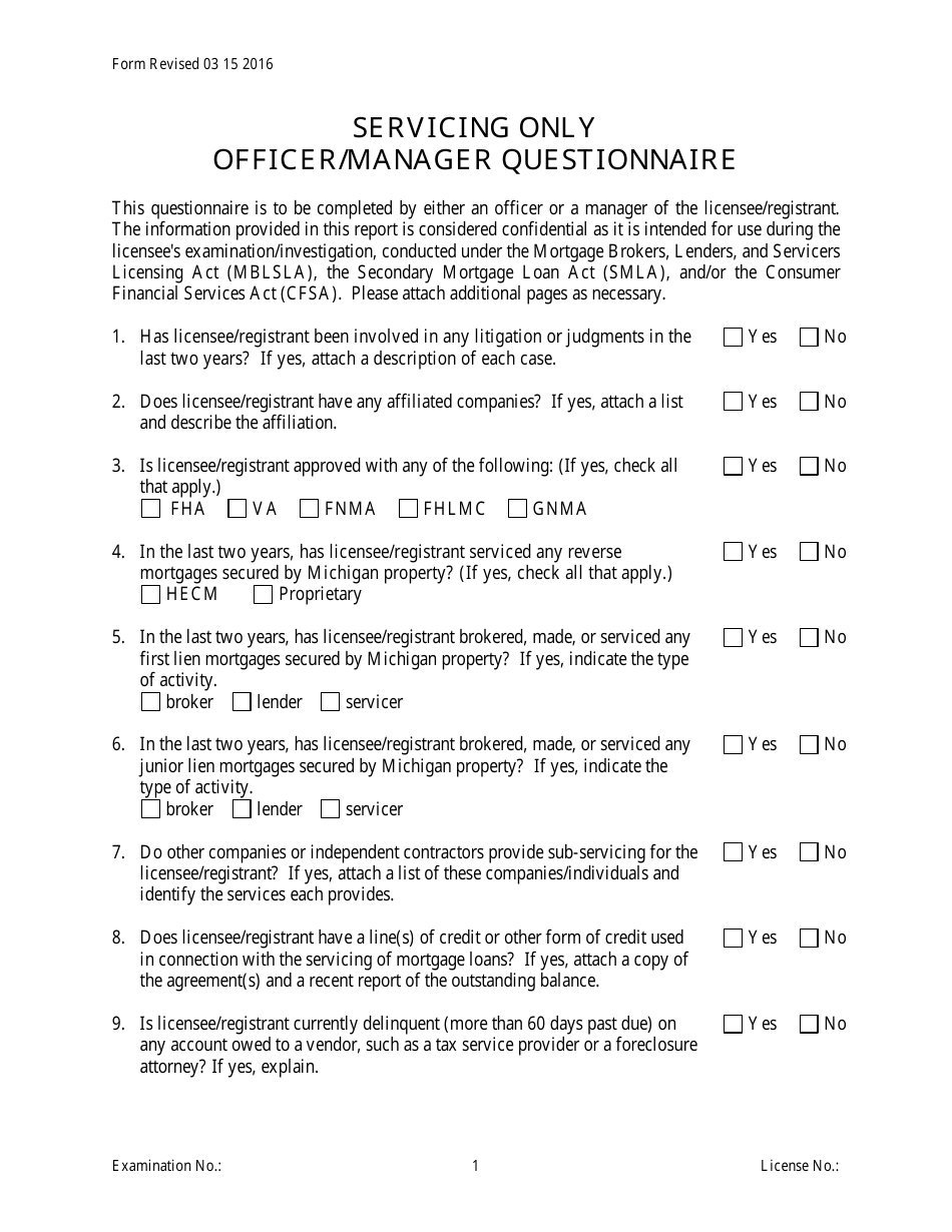 Servicing Only Officer / Manager Questionnaire Form - Michigan, Page 1