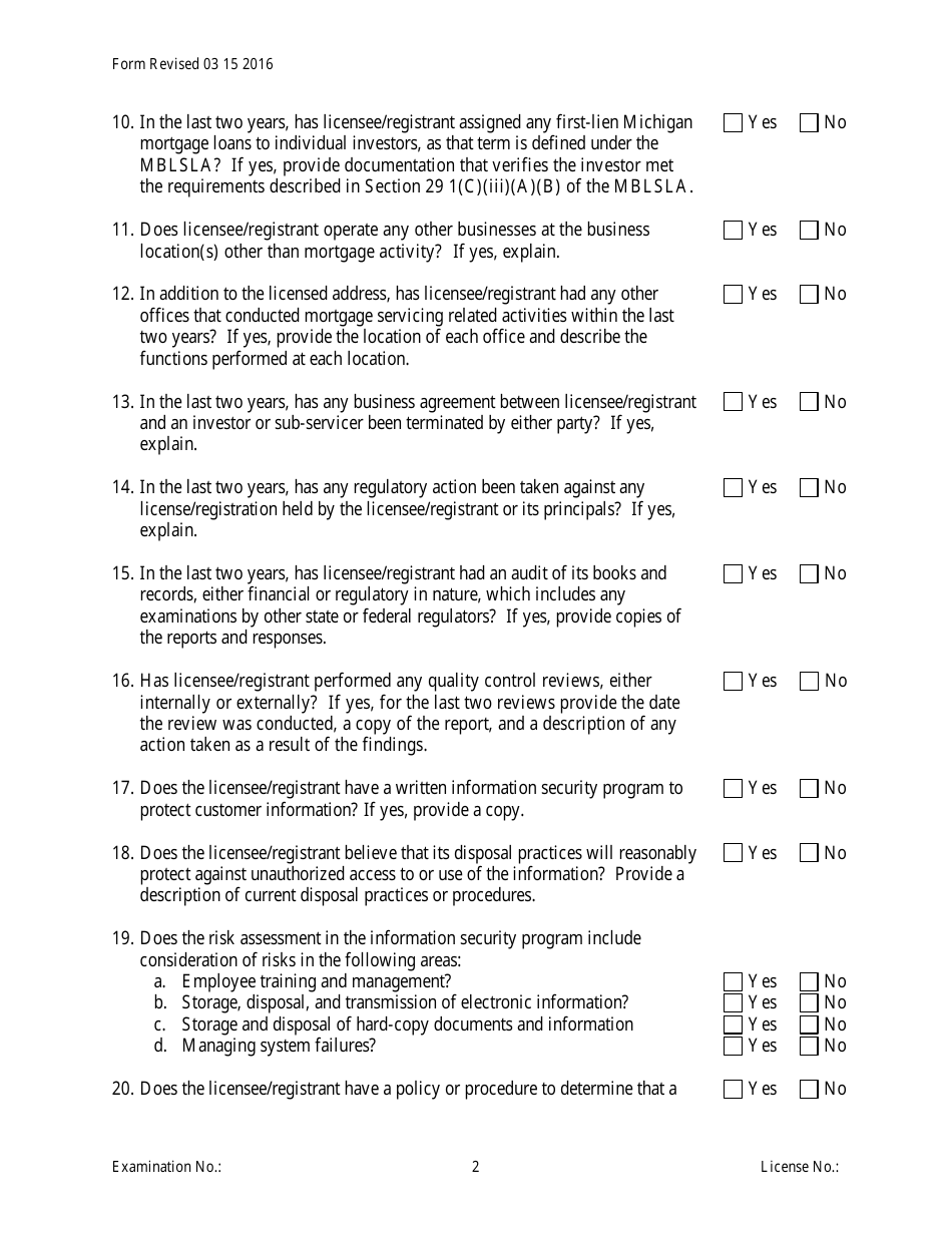 Servicing Only Officer / Manager Questionnaire Form - Michigan, Page 2