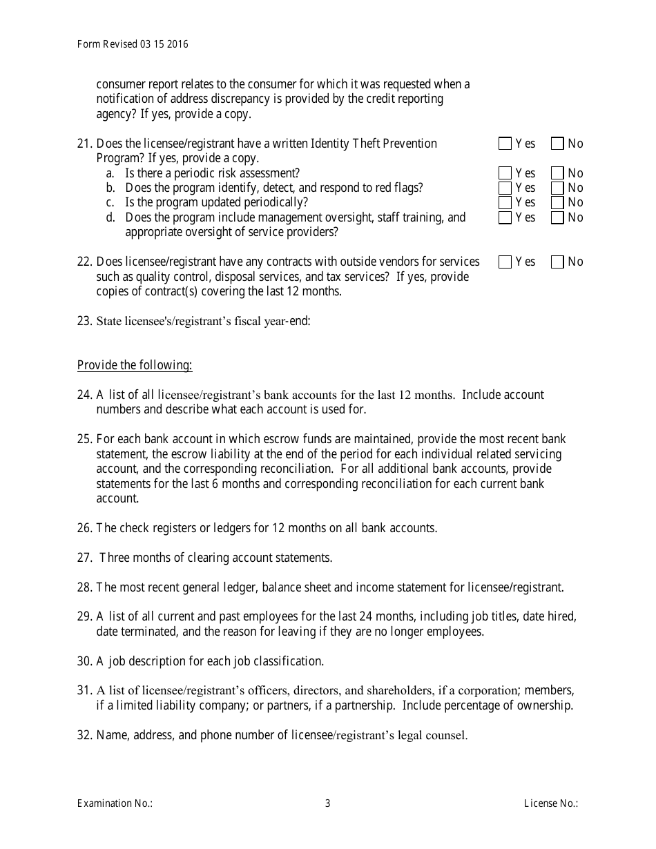 Servicing Only Officer / Manager Questionnaire Form - Michigan, Page 3