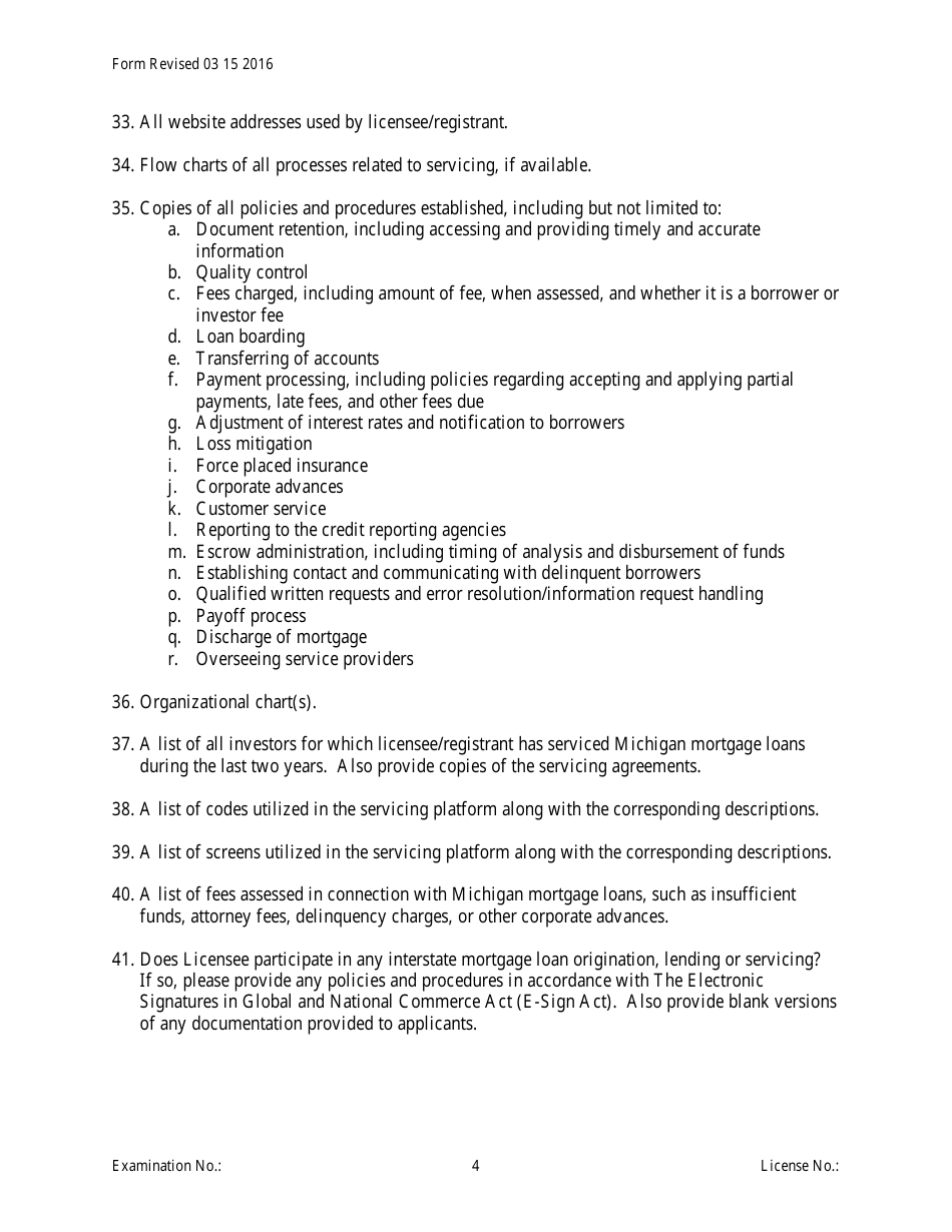Servicing Only Officer / Manager Questionnaire Form - Michigan, Page 4